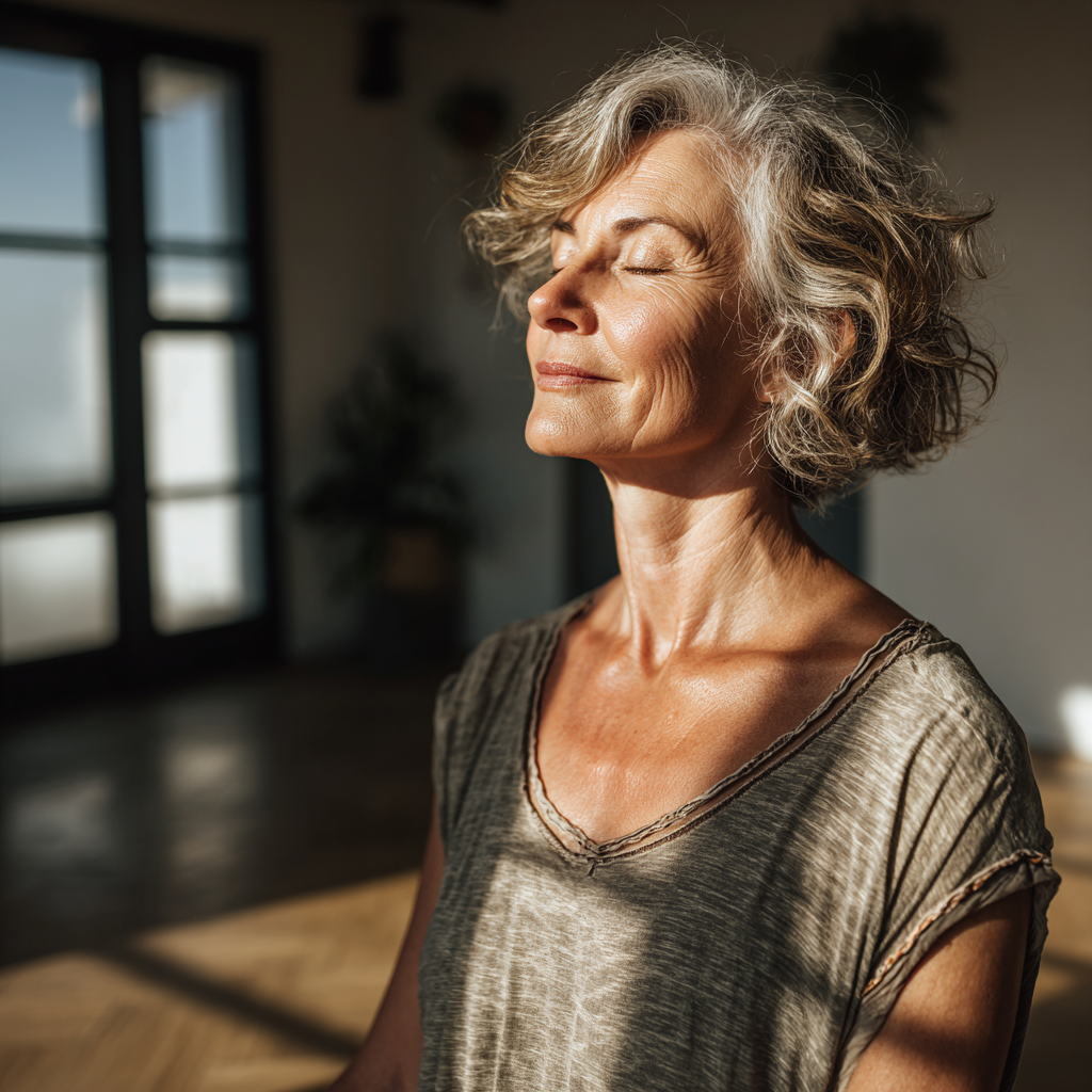 mature woman practicing mindful meditation in serene yoga studio